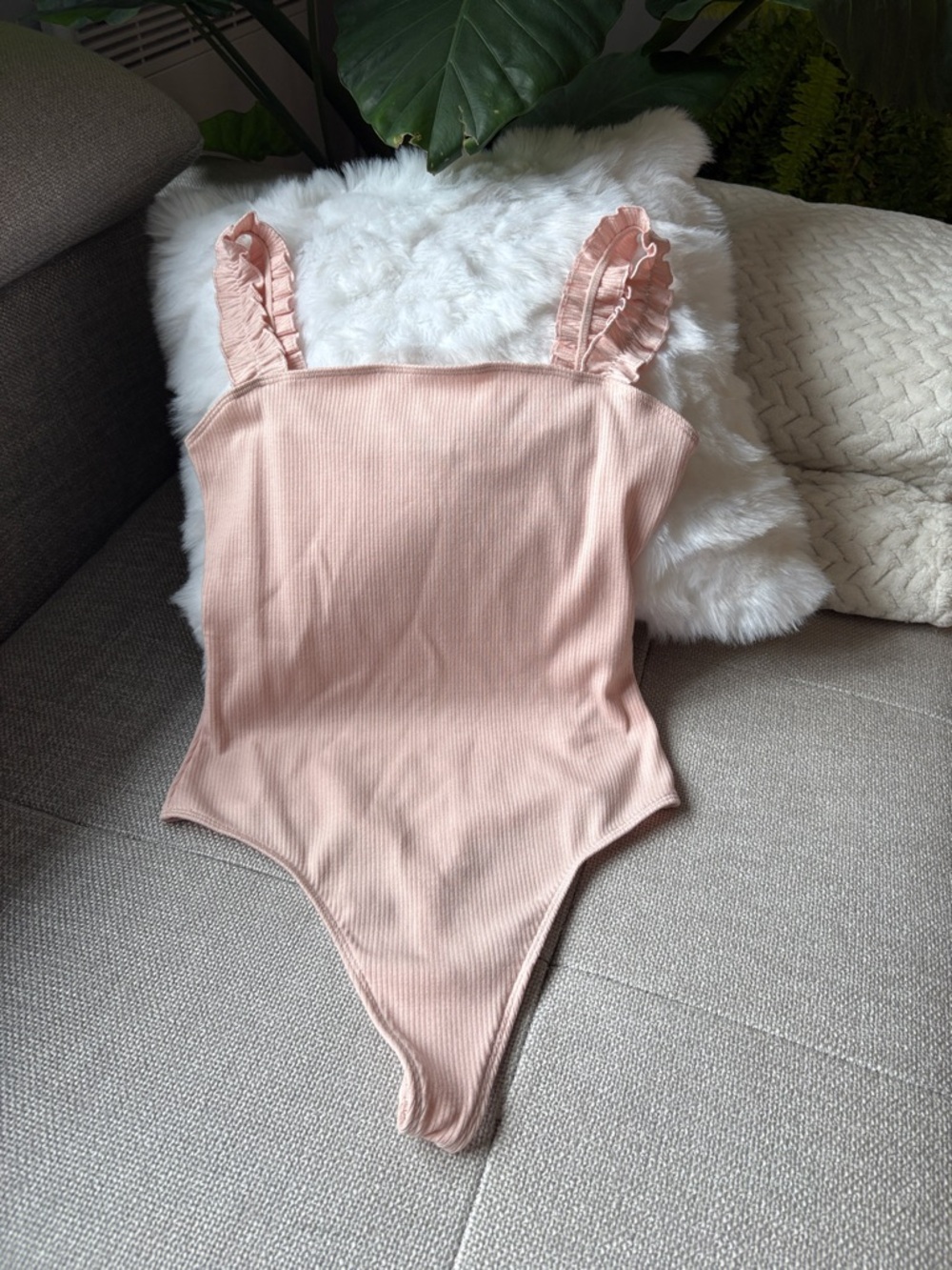 Sunday Best Soft Pink Ribbed One-Piece with Ruffle Straps